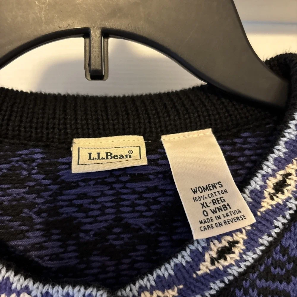 Vtg LL BEAN Sweater Womens XL Nordic Fair Isle Jacquard Cardigan Cotton Purple